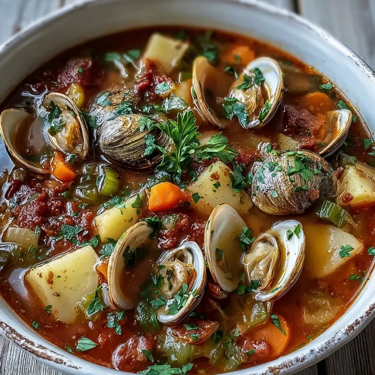A close-up of Manhattan Clam Chowder, brimming with tender clams, potatoes, and carrots in a vibrant tomato broth.