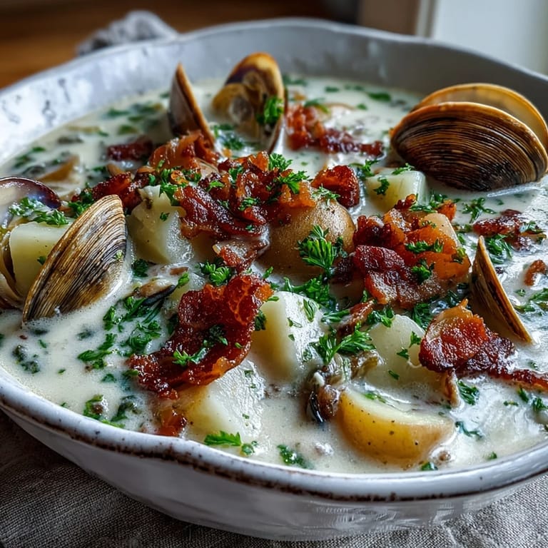 Homemade New England Clam Chowder served with oyster crackers and a side of crusty bread for dipping.