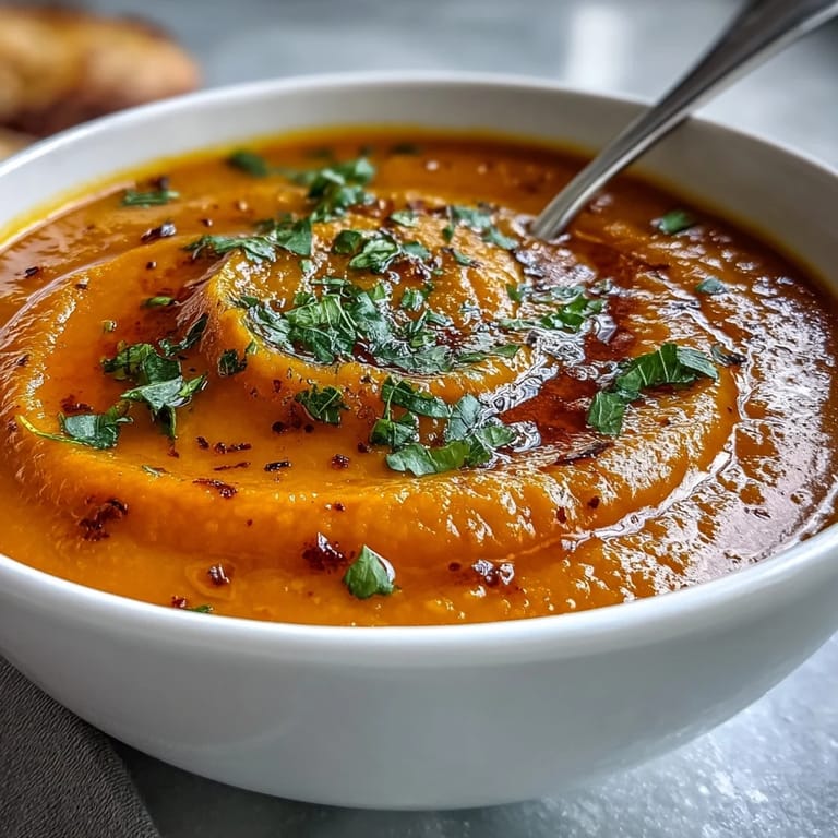 Bright, velvety carrot and lentil soup served with toasted bread, highlighting the vibrant orange color and warm spices.