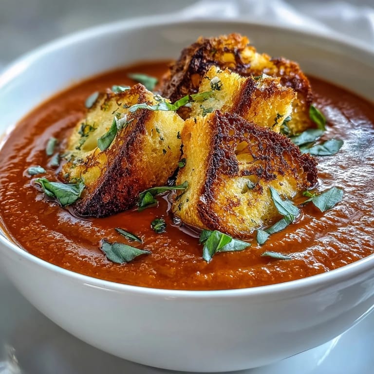 A steaming bowl of Creamy Roasted Tomato Soup topped with golden croutons, perfect for a cozy dinner.