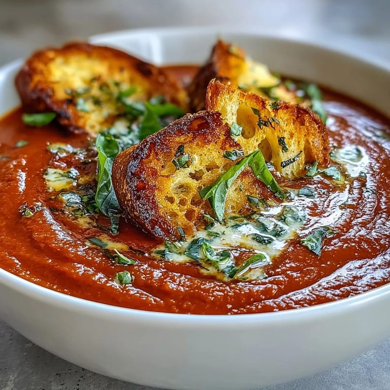 Velvety homemade Creamy Roasted Tomato Soup swirled with cream, served with a side of crusty bread slices.