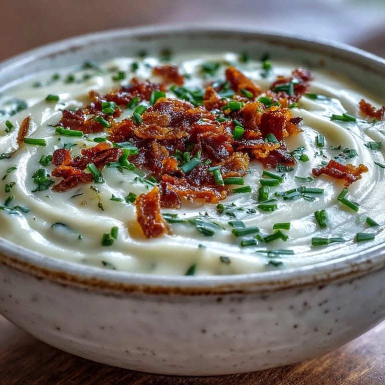 Hearty Cream of Potato Soup with velvety texture, served in a rustic mug with a side of crusty bread.