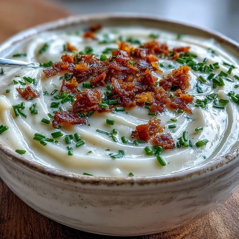 Freshly made Cream of Potato Soup topped with crumbled bacon and black pepper, a cozy winter meal for four.