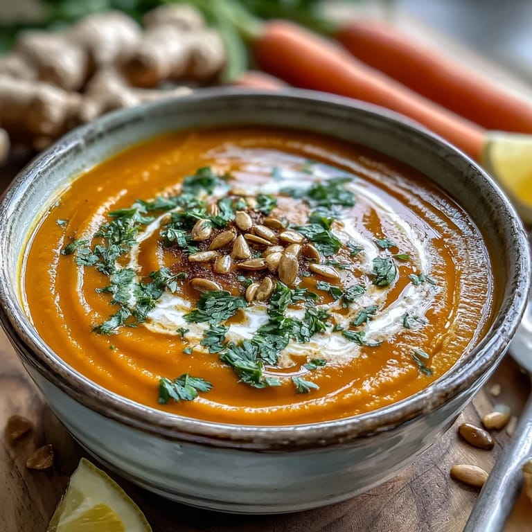 Close-up of smooth carrot ginger soup topped with toasted pumpkin seeds for added crunch and texture.