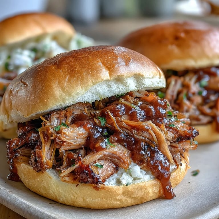 Slow-cooked Applesauce Pulled Pork Sandwiches garnished with coleslaw, displayed on a wooden cutting board.