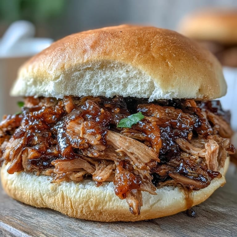 Steam rises from tender shredded pork mixed with rich applesauce in a rustic ceramic bowl.
