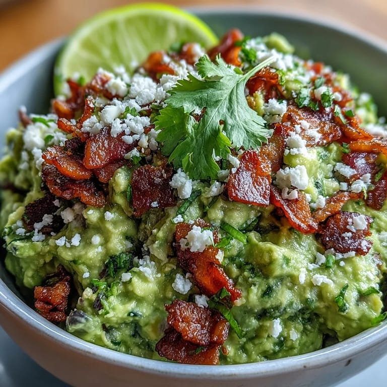A platter showing Bacon Guacamole With Cotija Cheese and crispy bacon, served with blue corn tortilla chips.