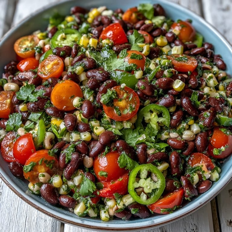 Freshly tossed Cowboy Caviar served with crunchy tortilla chips, perfect for a zesty vegetarian appetizer or game day snack.