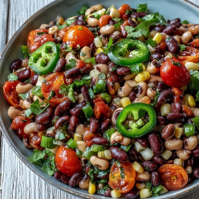 Close-up of chilled Cowboy Caviar salad, showcasing diced red onion and jalapeño in a tangy lime and olive oil dressing.
