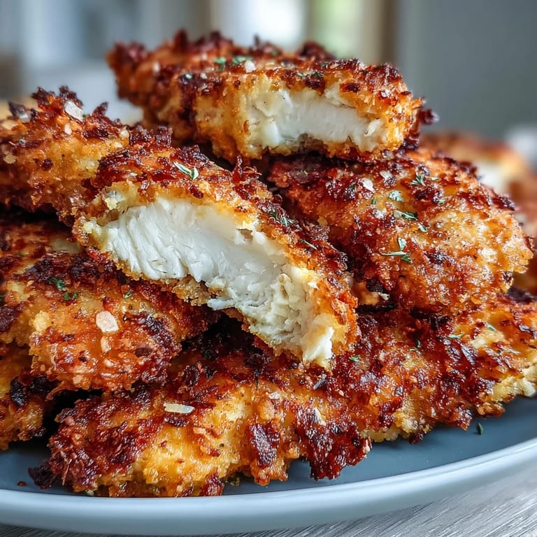 Crispy Air Fryer Chicken Strips piled high, showing golden breading and tender meat next to french fries.
