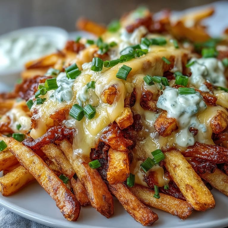 A serving platter of Cheesy BBQ Fries with Ranch Dip, featuring crispy fries topped with melted cheddar and a bowl of creamy dip.