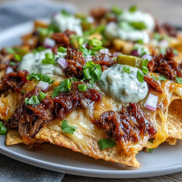 Melted cheese bubbling over smoky barbecue beef nachos, topped with diced red onion, tomatoes, and fresh avocado chunks.