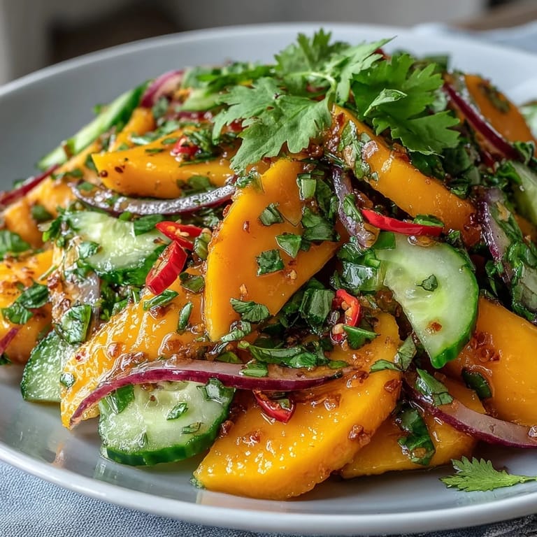 A close-up of juicy mango slices, red onion, and cilantro in the Refreshing Mango Salad, glistening with tangy lime dressing and ready for a light summer lunch.