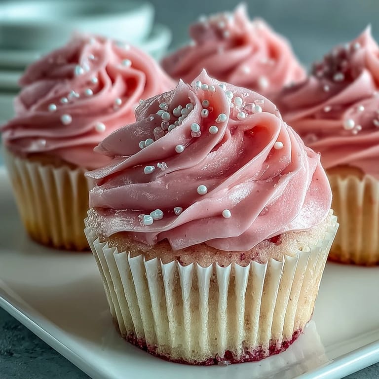 Plated Pink Velvet Cupcakes with Vanilla Buttercream Frosting, served with a glass of milk for a classic treat.