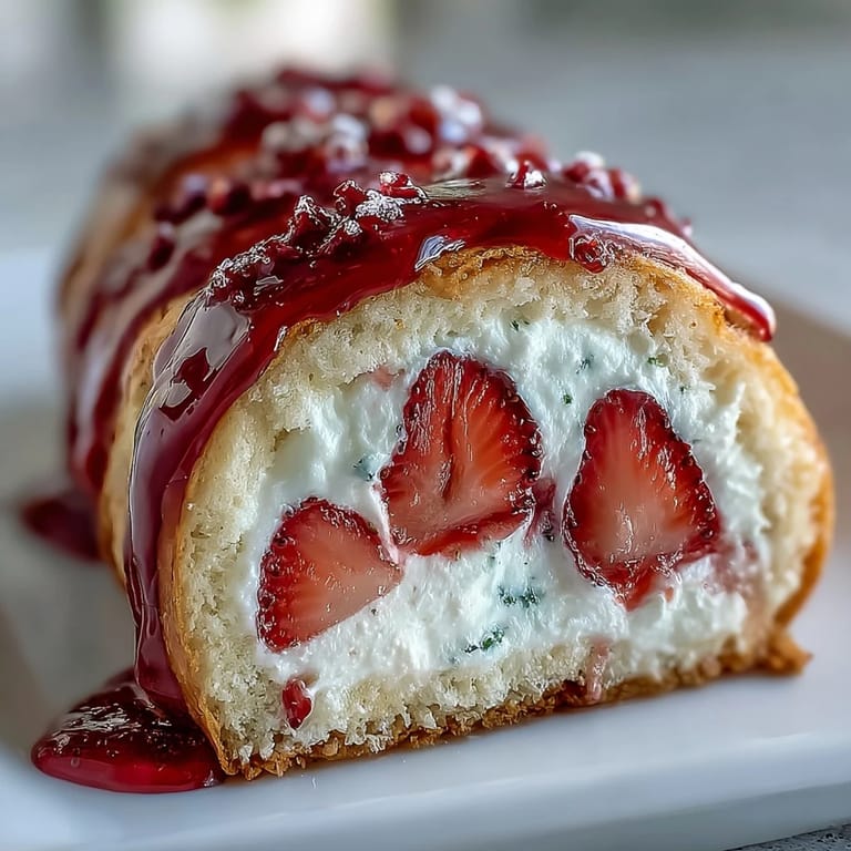 A cross-section reveals a pinwheel of golden crepe, cloud-like whipped cream, fresh strawberries, and soft sponge cake.