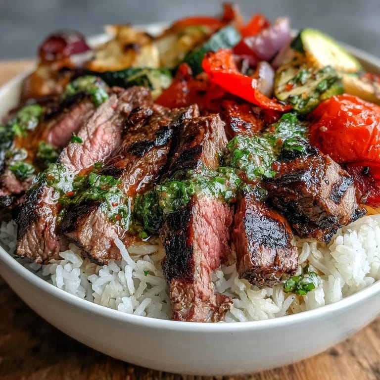 A close-up of a savory Grilled Steak Bowl featuring tender meat, vibrant cherry tomatoes, and a generous splash of green sauce.