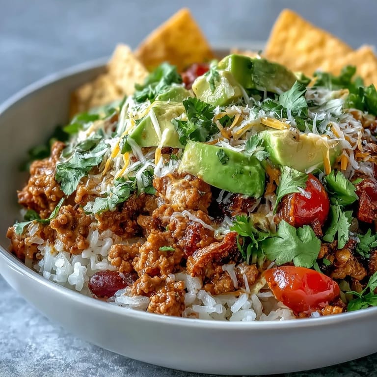 Ground turkey and peppers simmered in spices top this Turkey Taco Bowl, ready with sour cream and lime wedges.