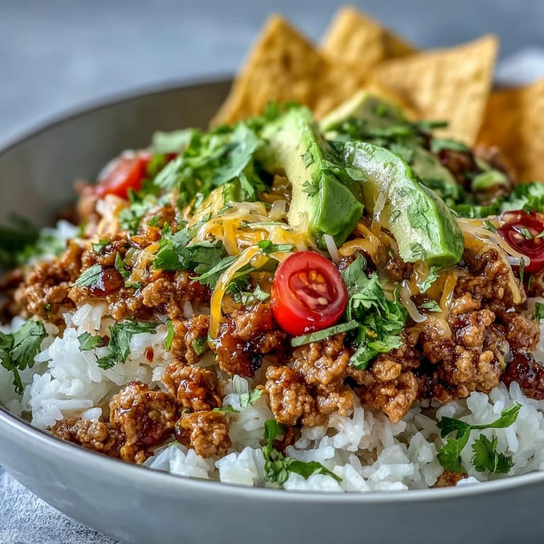 Colorful Turkey Taco Bowl featuring shredded lettuce, cherry tomatoes, and cheddar cheese, served in a ceramic bowl.