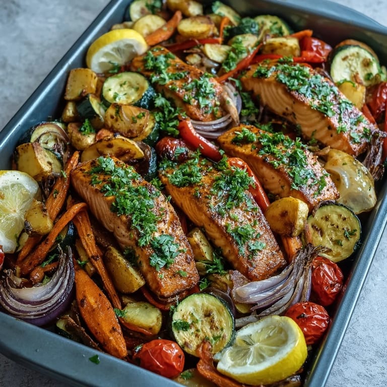 Golden-baked salmon and tender caramelized vegetables in a Sheet Pan Salmon and Veggies Bowl, ideal for a healthy weeknight dinner.