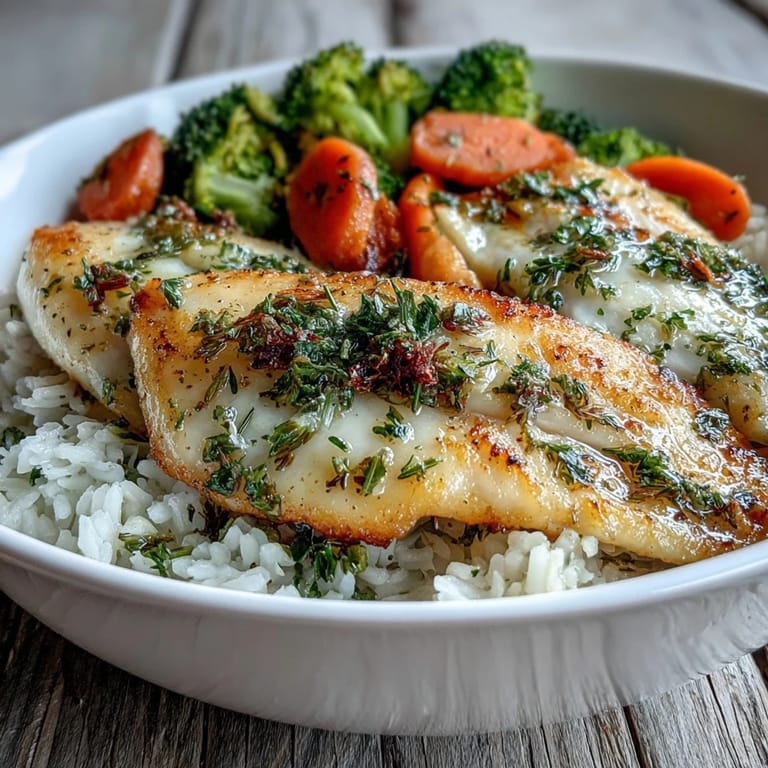 Tender tilapia fillets baked with herbs, lemon, and garlic served in a rice and vegetable bowl.