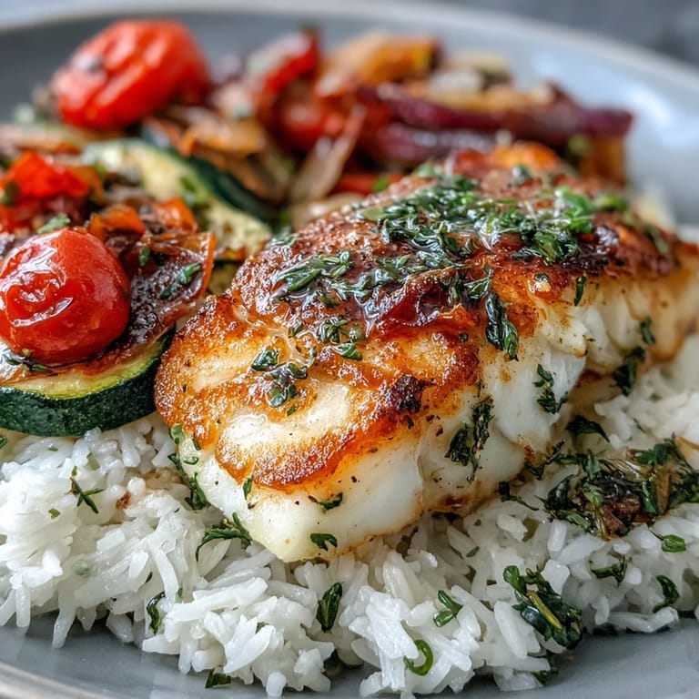 Sizzling white fish fillet rests on fluffy jasmine rice, drizzled with garlic lemon butter sauce.