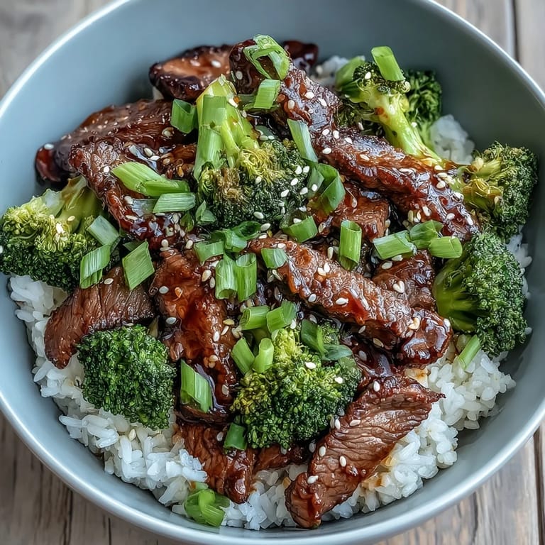 A close-up view shows a freshly prepared Beef and Broccoli Bowl, with vibrant green broccoli and glossy sauce coating the beef.
