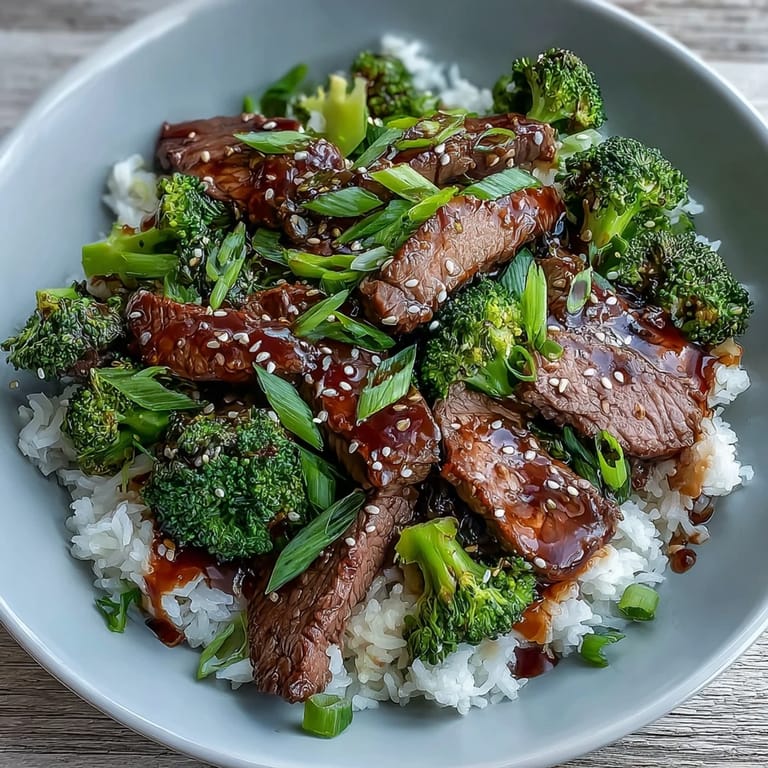 Dinner is served with this hearty Beef and Broccoli Bowl, garnished with green onions and sesame seeds beside steaming rice.