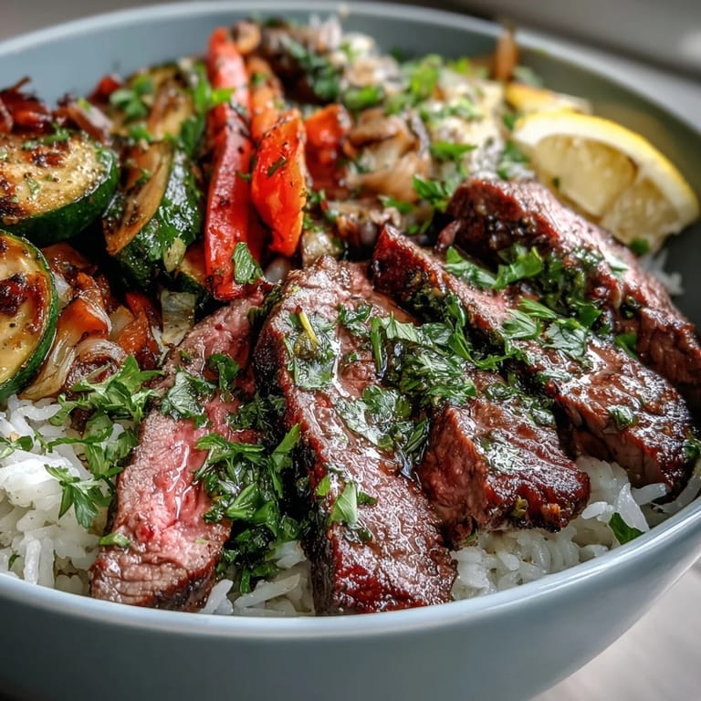 A complete meal of seared steak, crisp-tender vegetables, and fluffy rice in a convenient Sheet Pan Steak and Veggie Bowl.