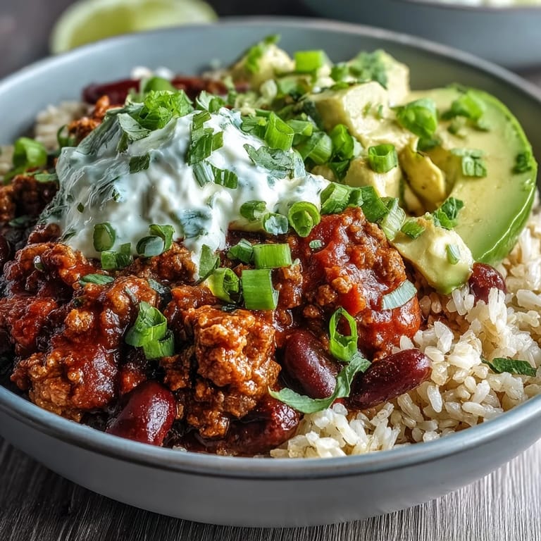 Steaming bowl of chili bowl base served on grains, garnished with sour cream and green onions.