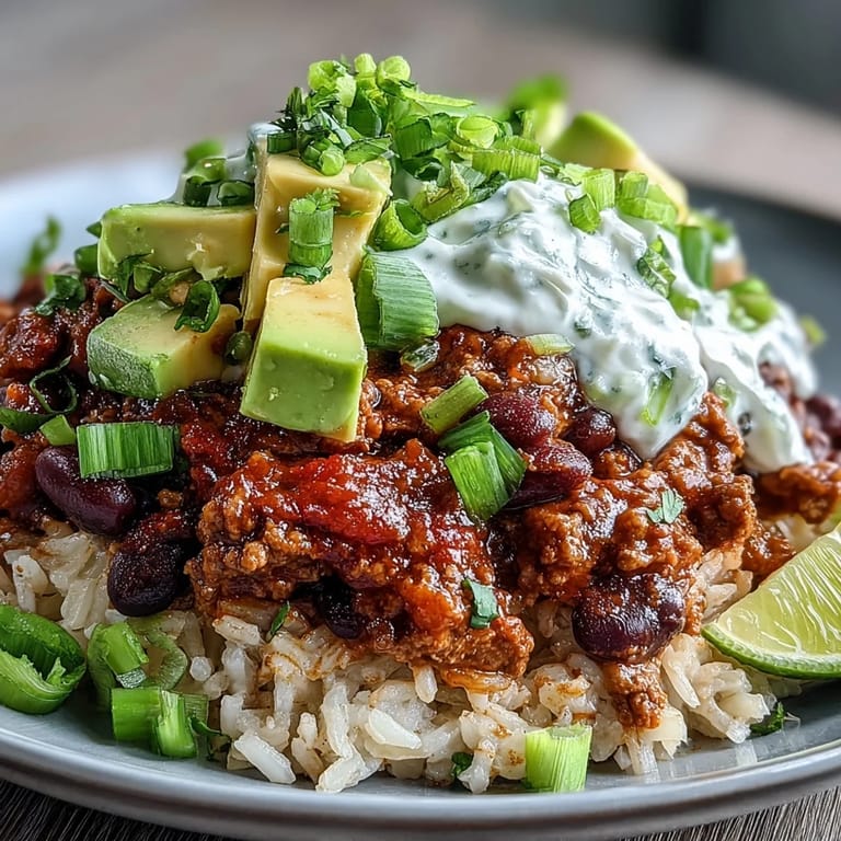 Spicy chili bowl base ladled over brown rice with fresh cilantro and lime wedges on side.