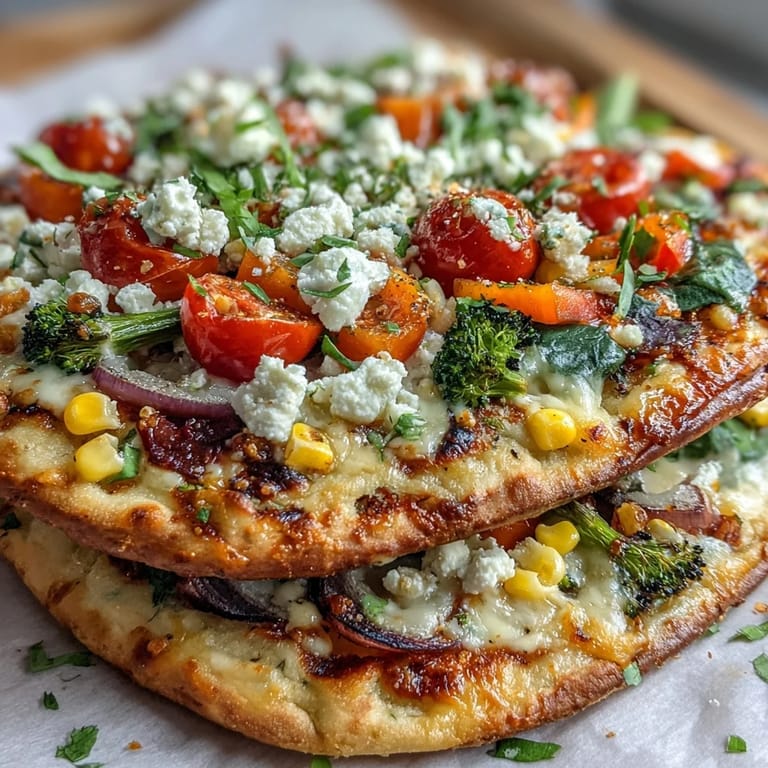 Healthy St. Patricks Day Rainbow Veggie Flatbread Pizza featuring rainbow vegetables, melted cheese, and fresh parsley garnish.
