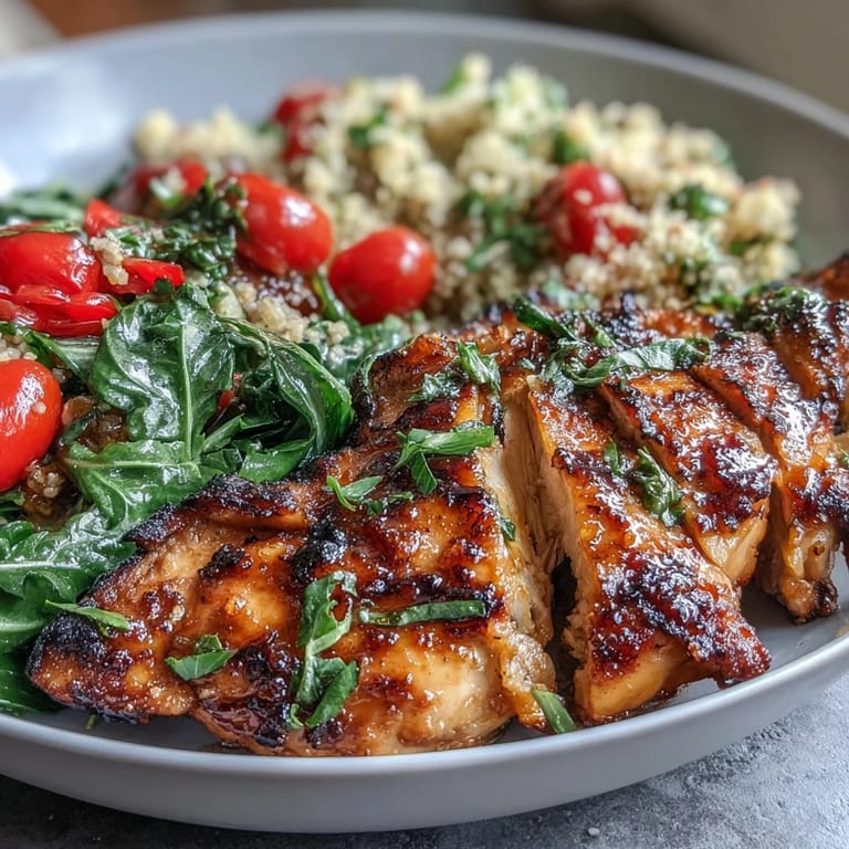 Juicy grilled chicken breast over quinoa and mixed veggies, drizzled with tangy lemon vinaigrette. A light, satisfying, gluten-free dish.