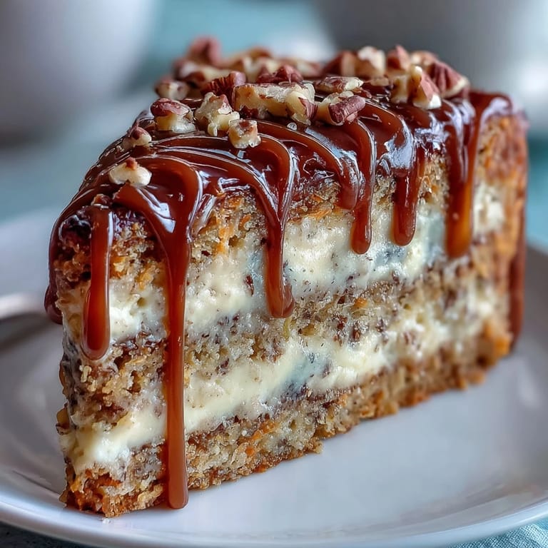 Layered carrot and walnut cake with creamy frosting, decorated with walnuts and edible flowers.