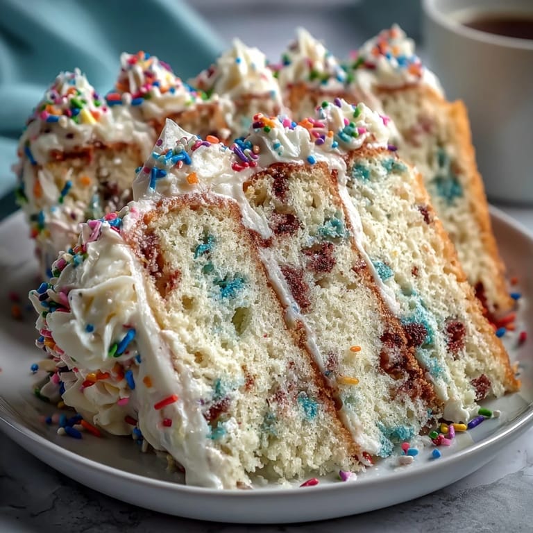Colorful sprinkles flecked through soft vanilla cake layers, frosted with dreamy pastel buttercream for a festive spring dessert.