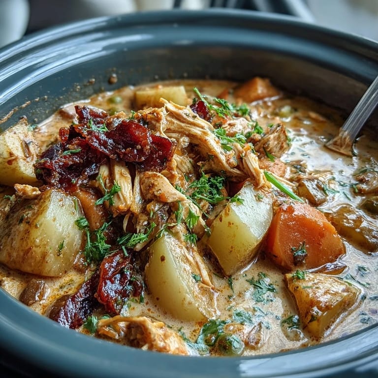 Slow Cooker Chicken Pot Pie Soup with tender chicken and vegetables in a creamy broth.