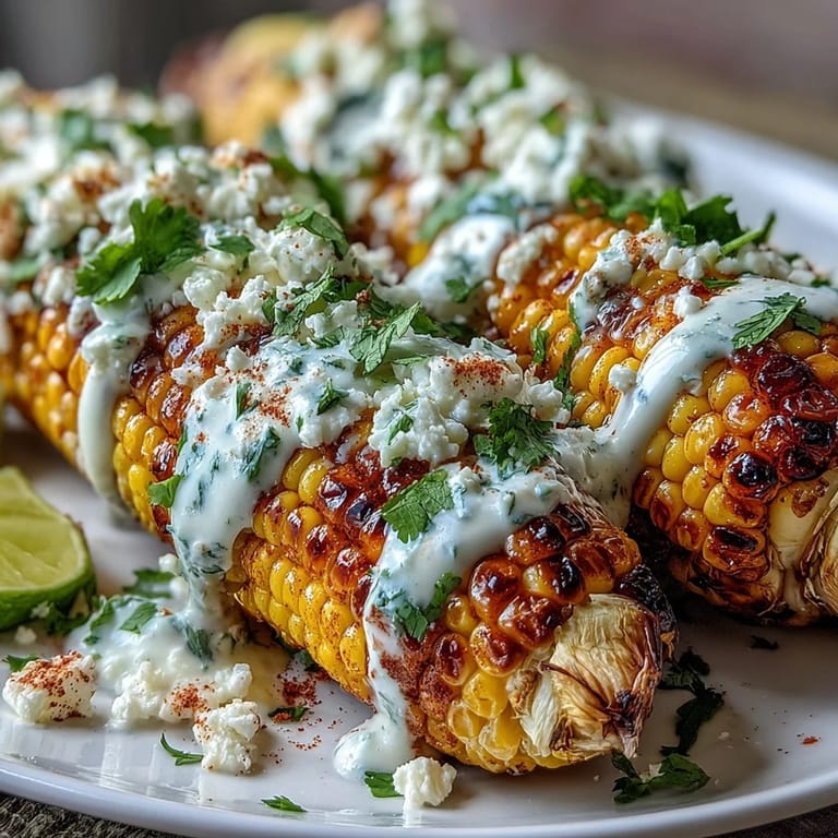 Vibrant corn on the cob coated in creamy lime sauce, sprinkled with Cotija cheese and chili, served with lime wedges for a zesty finish.