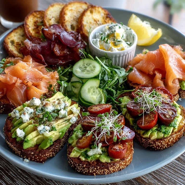 3. Elegant smoked salmon avocado toast board with cherry tomatoes, cucumber, radishes, and herbs—ideal for sharing with friends.