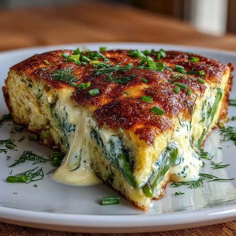 Elegant brunch frittata featuring asparagus, goat cheese, and fresh herbs, served warm from the oven.