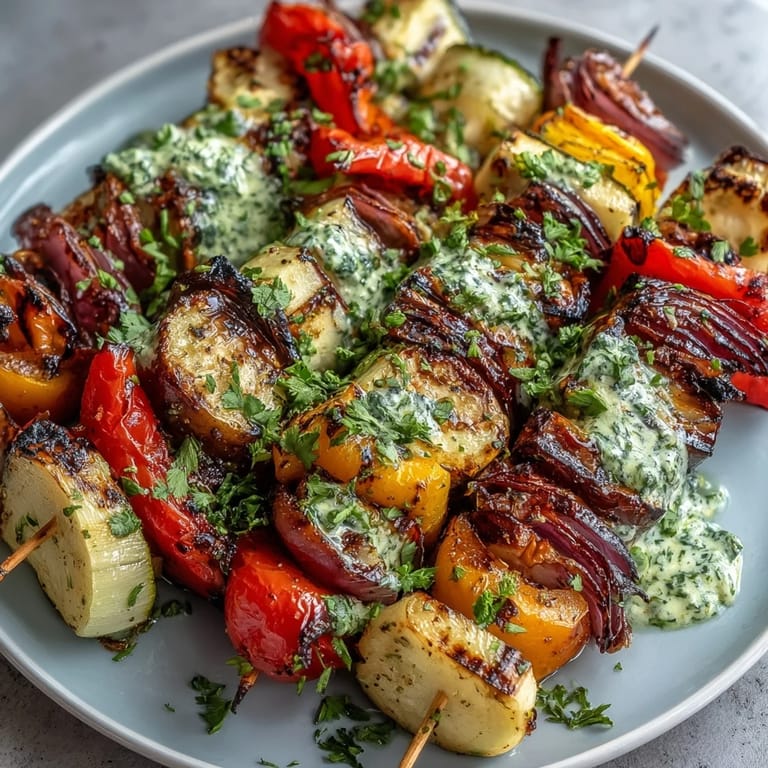 Tender grilled vegetable skewers with smoky char, paired with zesty chimichurri sauce in a beautiful, colorful summer recipe.