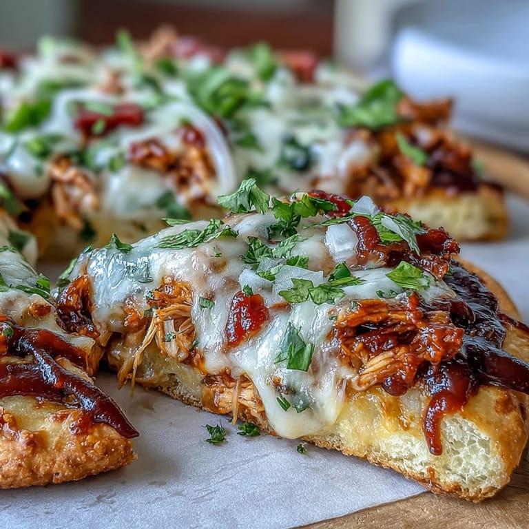Grilled BBQ chicken flatbread pizza topped with colorful bell peppers, jalapeño, and a drizzle of tangy BBQ sauce.  