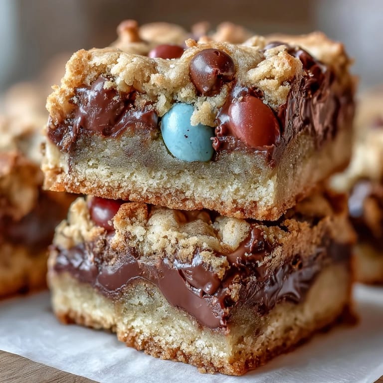 Soft and chewy peanut butter cookie bars loaded with Easter egg candies, offering a festive springtime treat for family and friends.