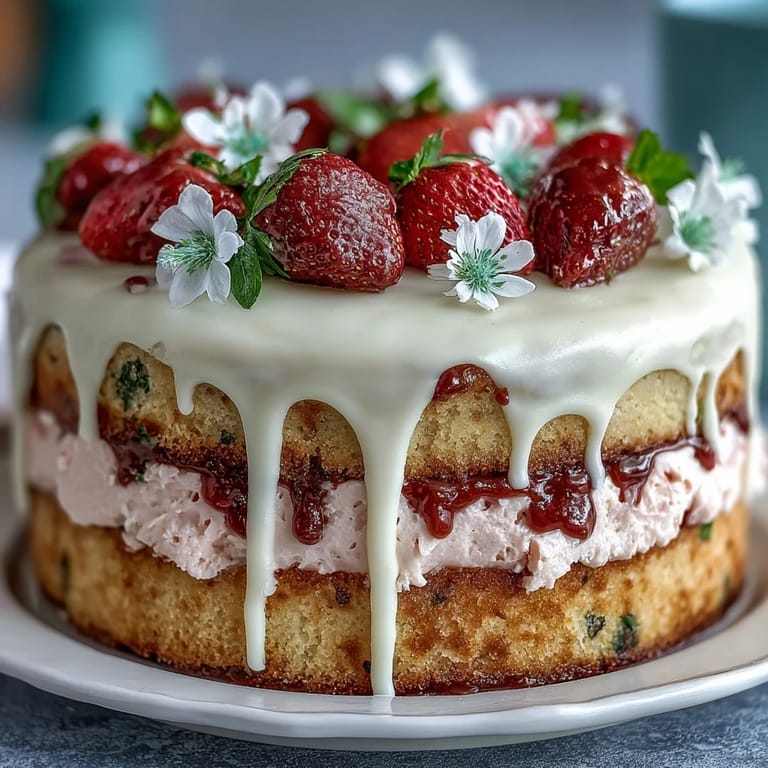 Floral Drip Cake with Strawberry Frosting: A beautiful spring dessert featuring moist vanilla cake, vibrant strawberry frosting, and a glossy white chocolate drip, adorned with fresh edible blooms.