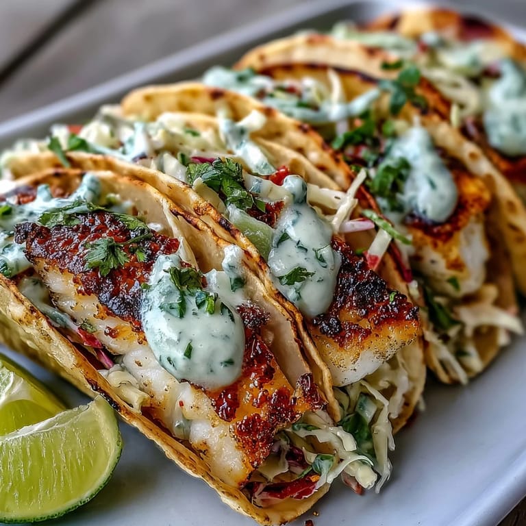 Fresh, citrusy grilled fish tacos topped with crunchy red cabbage slaw and drizzled with coconut-lime crema, ideal for outdoor dining.