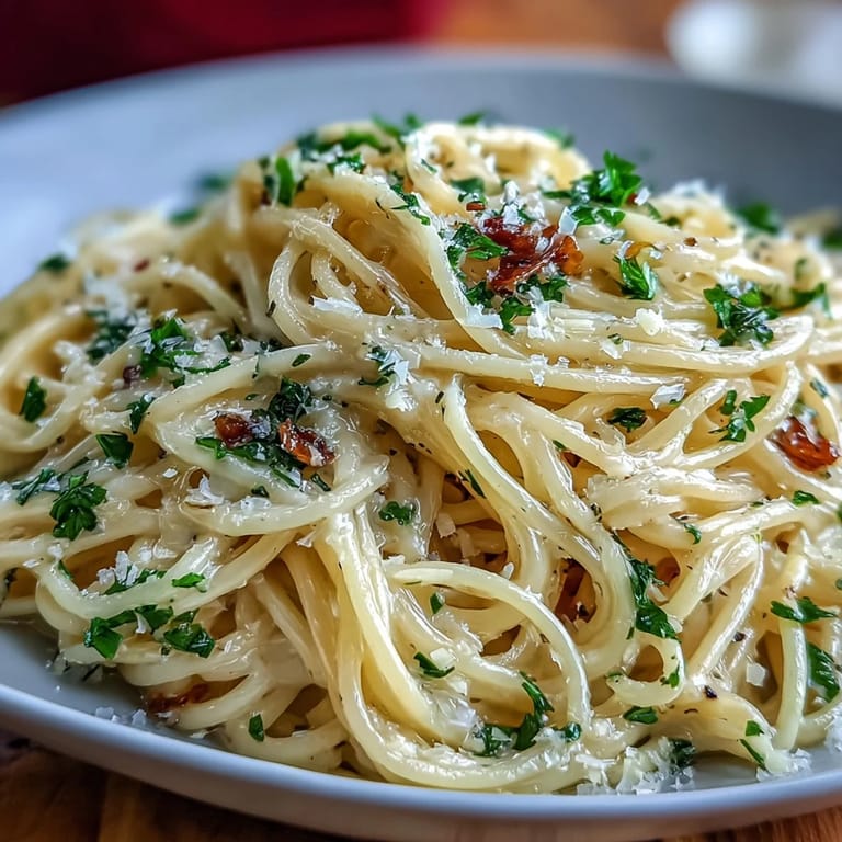 Velvety lemon butter pasta garnished with parsley, served in a white bowl