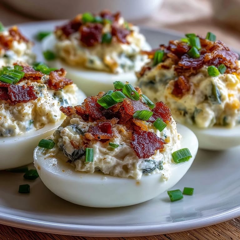 Jalapeño popper-inspired deviled eggs topped with smoky paprika, chives, and extra jalapeño for bold flavor.
