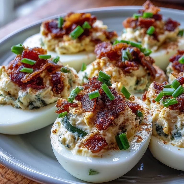 Cream cheese and bacon-stuffed deviled eggs with jalapeño garnish, perfect for parties or game day snacking.