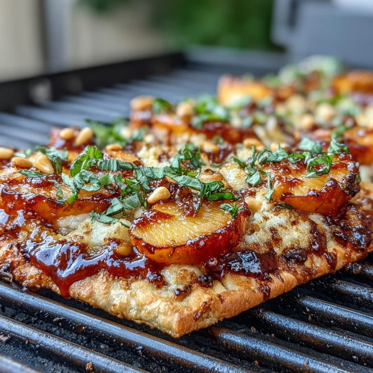 Juicy grilled peaches and creamy Brie cheese melt together on a crispy flatbread, drizzled with BBQ sauce.