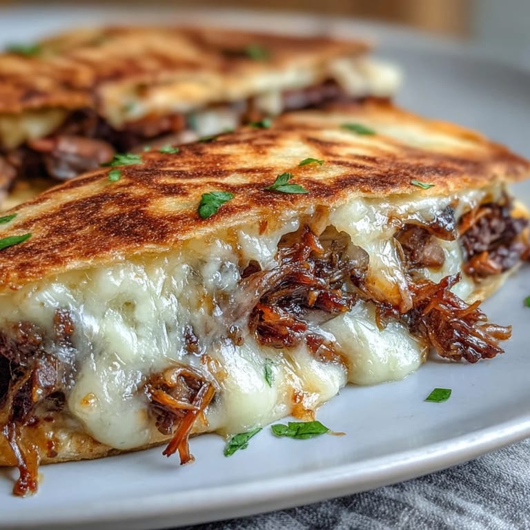 Cheesy birria quesadillas ready to dip into a rich, spicy consommé.