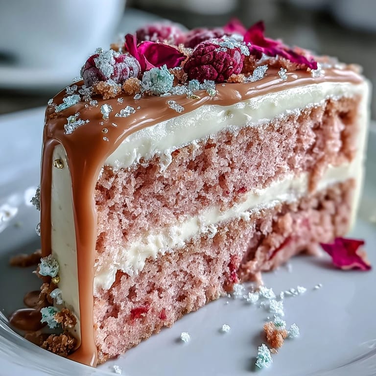 Delicate rose-infused velvet cake with dreamy cream cheese frosting and edible gold accents.