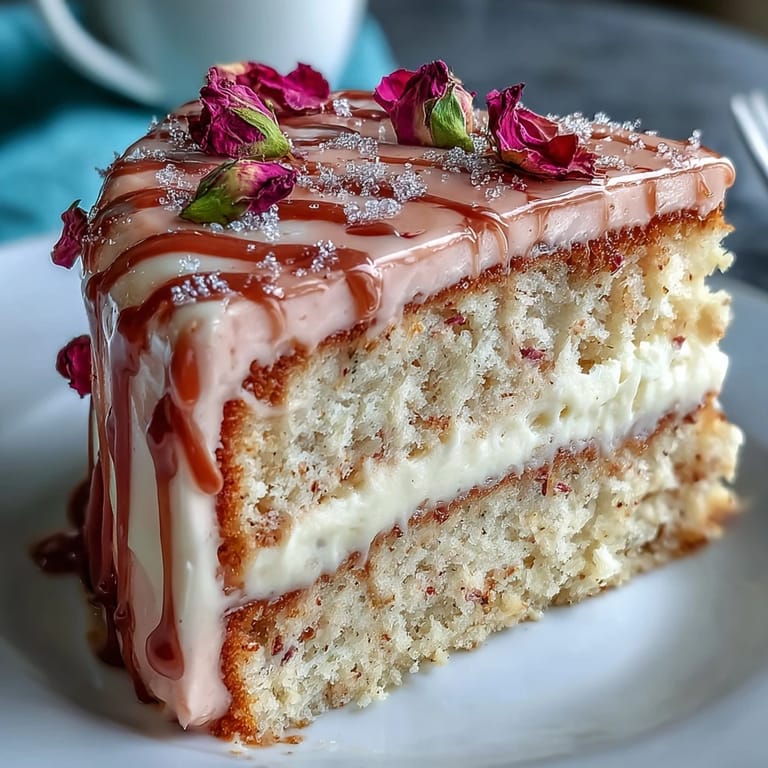 Blush pink Rosé Velvet Cake, delicately frosted and adorned with a luxurious gold cascade.